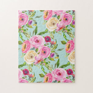 Watercolor Roses in Pink and Cream on Aqua Jigsaw Puzzle
