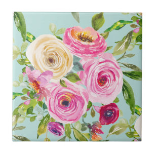 Watercolor Roses in Pink and Cream on Aqua Tile