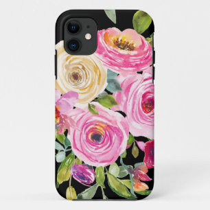 Watercolor Roses in Pink and Cream on Black Case-Mate iPhone Case