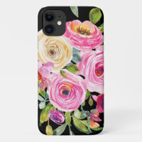 Watercolor Roses in Pink and Cream on Black