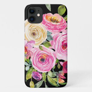 Watercolor Roses in Pink and Cream on Black Case-Mate iPhone Case
