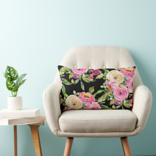 Watercolor Roses in Pink and Cream on Black Lumbar Cushion