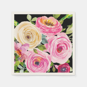 Watercolor Roses in Pink and Cream on Black Napkin