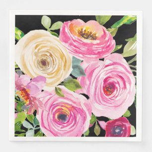 Watercolor Roses in Pink and Cream on Black Napkin