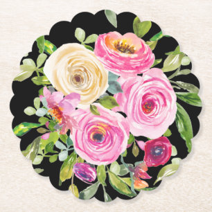 Watercolor Roses in Pink and Cream on Black Paper Coaster