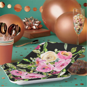 Watercolor Roses in Pink and Cream on Black Paper Plate