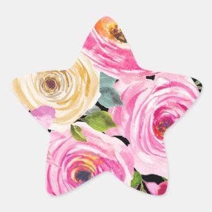 Watercolor Roses in Pink and Cream on Black Star Sticker
