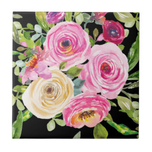 Watercolor Roses in Pink and Cream on Black Tile
