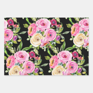 Watercolor Roses in Pink and Cream on Black Wrapping Paper Sheet