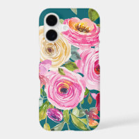 Watercolor Roses in Pink and Cream on Teal