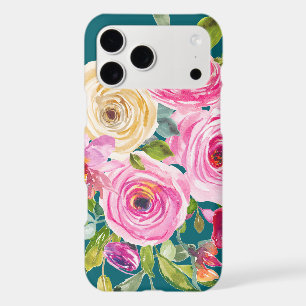 Watercolor Roses in Pink and Cream on Teal