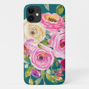 Watercolor Roses in Pink and Cream on Teal Case-Mate iPhone Case