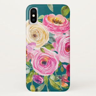 Watercolor Roses in Pink and Cream on Teal Case-Mate iPhone Case