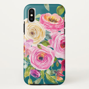 Watercolor Roses in Pink and Cream on Teal Case-Mate iPhone Case
