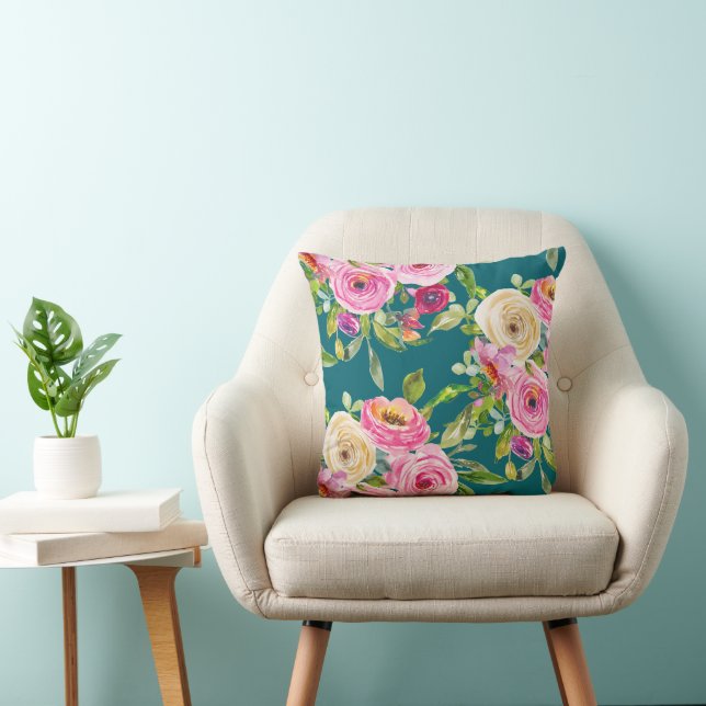 Watercolor Roses in Pink and Cream on Teal Cushion (Chair)
