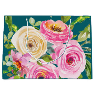Watercolor Roses in Pink and Cream on Teal Large Gift Bag