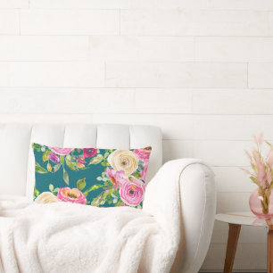 Watercolor Roses in Pink and Cream on Teal Lumbar Cushion