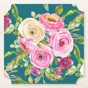 Watercolor Roses in Pink and Cream on Teal Paper Coaster
