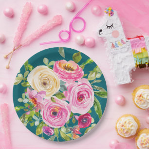 Watercolor Roses in Pink and Cream on Teal Paper Plate