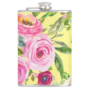 Watercolor Roses in Pink and Cream on Yellow Hip Flask
