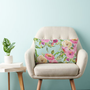 Watercolor Roses in Pink and Cream on Yellow Lumbar Cushion