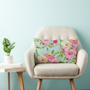 Watercolor Roses in Pink and Cream on Yellow Lumbar Cushion