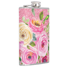 Watercolor Roses in Pink and Cream Pink Glitter