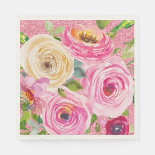 Watercolor Roses in Pink and Cream Pink Glitter Napkin
