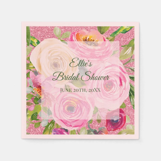 Watercolor Roses in Pink and Cream Pink Glitter Napkin (Front)