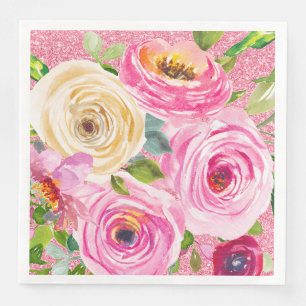 Watercolor Roses in Pink and Cream Pink Glitter Napkin