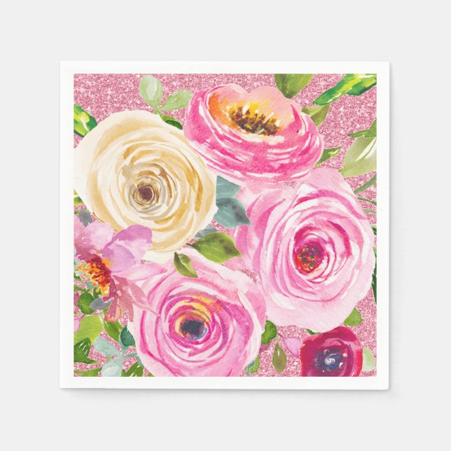 Watercolor Roses in Pink and Cream Pink Glitter Napkin (Front)