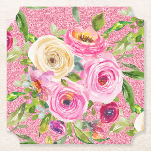 Watercolor Roses in Pink and Cream Pink Glitter Paper Coaster