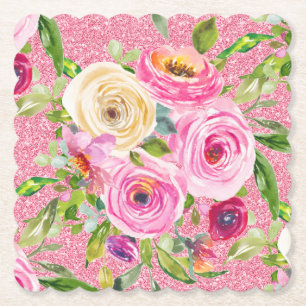 Watercolor Roses in Pink and Cream Pink Glitter Paper Coaster