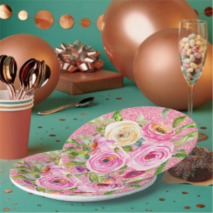 Watercolor Roses in Pink and Cream Pink Glitter Paper Plate