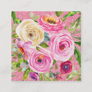 Watercolor Roses in Pink and Cream Pink Glitter Square Business Card