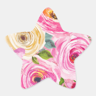 Watercolor Roses in Pink and Cream Pink Glitter Star Sticker