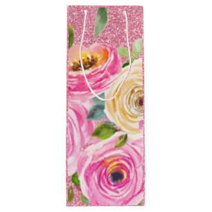 Watercolor Roses in Pink and Cream Pink Glitter Wine Gift Bag