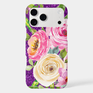Watercolor Roses in Pink and Cream Purple Glitter