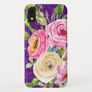 Watercolor Roses in Pink and Cream Purple Glitter Case-Mate iPhone Case