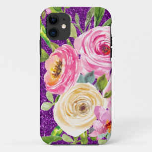 Watercolor Roses in Pink and Cream Purple Glitter Case-Mate iPhone Case