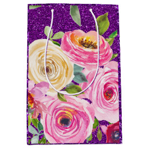 Watercolor Roses in Pink and Cream Purple Glitter Medium Gift Bag