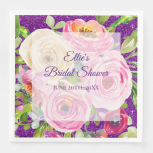 Watercolor Roses in Pink and Cream Purple Glitter Napkin