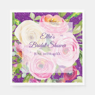 Watercolor Roses in Pink and Cream Purple Glitter Napkin