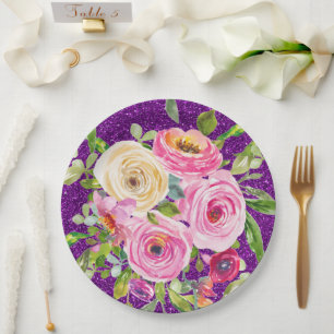 Watercolor Roses in Pink and Cream Purple Glitter Paper Plate