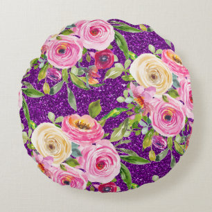 Watercolor Roses in Pink and Cream Purple Glitter Round Cushion