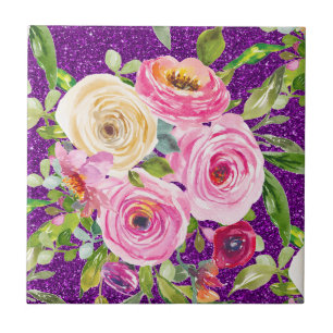 Watercolor Roses in Pink and Cream Purple Glitter Tile