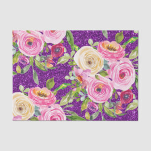Watercolor Roses in Pink and Cream Purple Glitter Tissue Paper