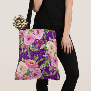Watercolor Roses in Pink and Cream Purple Glitter Tote Bag