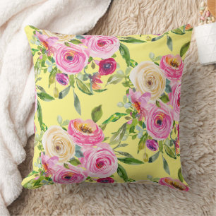 Watercolor Roses in Pink and Red on Yellow Cushion