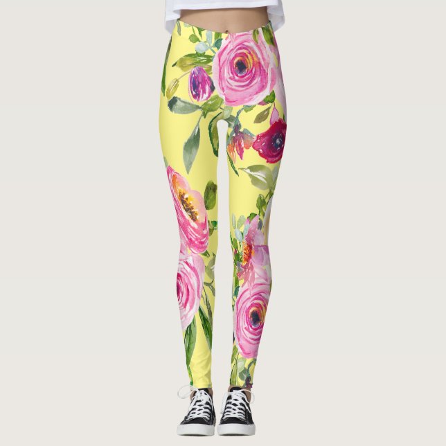 Watercolor Roses in Pink and Red on Yellow Leggings (Front)